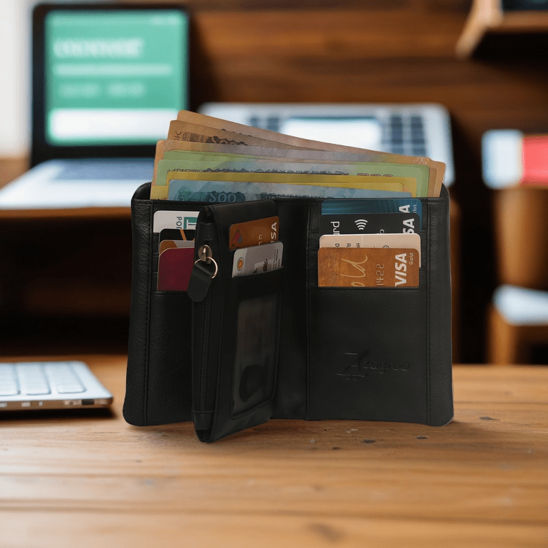 3 Quarter - Multifunctional Leather Wallet - Black
